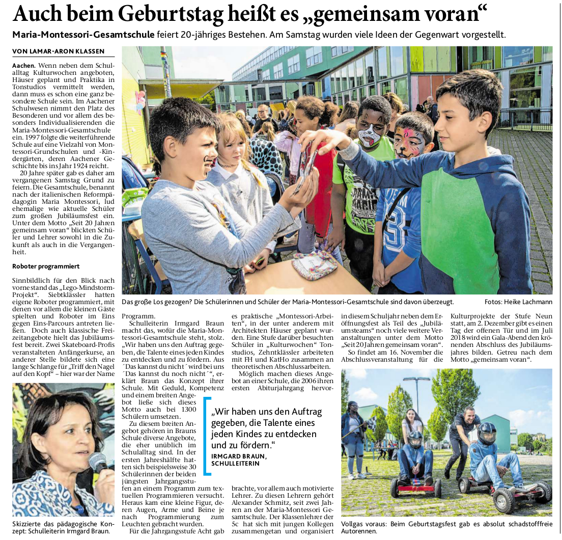 Unser Schulfest in der Aachener Zeitung am 25.09.'17